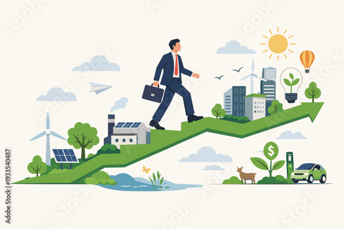 Businessman walking up a rising green arrow graph symbolizing sustainable business growth, renewable energy, eco-friendly urban development and corporate environmental responsibility concept