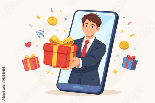 Businessman in a Suit Holding a Red Gift Box on a Smartphone Screen, Representing Online Gift Purchase, Digital Rewards, Mobile E-commerce, and Customer Loyalty Programs with Floating Coins