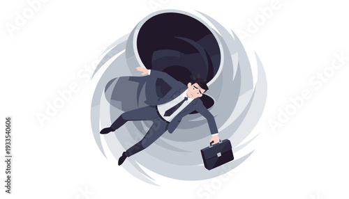 Businessman in Suit Falling into Dark Swirling Vortex Representing Mental Health Issues, Depression, Anxiety, and Work Stress. Concept of Emotional Burnout, Psychological Struggle, and Abyss.