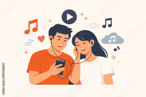 Happy young couple sharing earphones and listening to music on a smartphone together. Concept of online music streaming, digital entertainment, podcast, and romantic relationship. Flat vector
