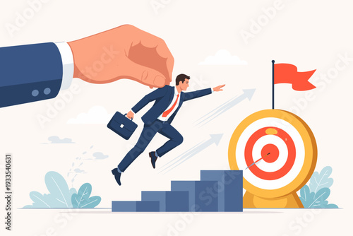 Giant hand lifting a businessman to help him reach his goal and target. Concept of mentorship, leadership, and professional support for career growth and success in corporate business world.