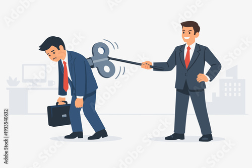 Tired Businessman with a Wind-up Key on His Back Being Controlled by a Smiling Manager, Concept of Exhausted Worker, Corporate Burnout, Lack of Motivation, and Employee Micromanagement Vector.