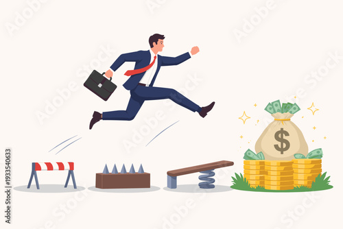 Motivated businessman in a suit jumping over obstacles like hurdles and spikes to reach a big bag of money and gold coins. Concept of overcoming challenges for financial success and profit growth.