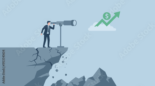 Businessman standing on a crumbling cliff edge looking through a telescope at a green profit arrow with a dollar sign on a cloud, symbolizing financial risk, vision, and economic instability.