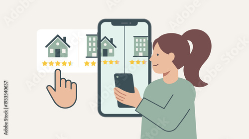 Woman Using Mobile App to Search for House or Apartment to Rent or Buy, Comparing Property Listings Based on Customer Reviews and Star Ratings, Real Estate Online Marketplace Illustration