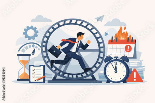 Businessman Running in Hamster Wheel as Metaphor for Work Stress and Tight Deadlines, Overworked Employee Facing Urgent Tasks and Time Pressure, Burnout and Productivity Vector Illustration