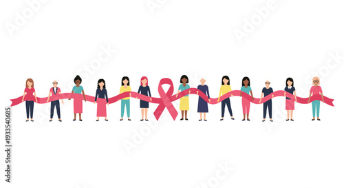 A long line of diverse women stand holding a continuous, wavy pink ribbon with a distinct central loop against a plain white background.