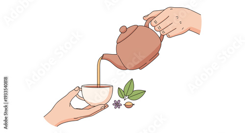 Two hands are depicted, one pouring light brown liquid from a brown teapot into a white teacup held by the other hand, with herbs nearby.