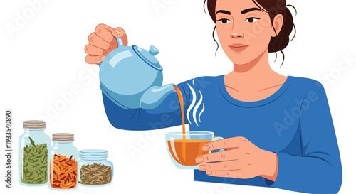 A young woman wearing a blue shirt is actively pouring steaming amber tea from a blue teapot into a clear glass cup.