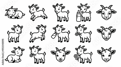 Cute baby goat vector illustration set in black and white line art style featuring various poses like sleeping, jumping, standing, and drinking milk for farm animal design.
