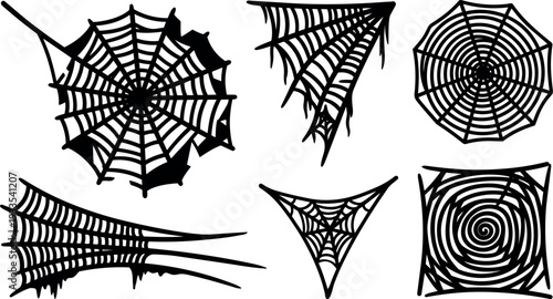 Flat design close up spider web set six black silhouette cobwebs isolated on white background variety of shapes angled halloween
