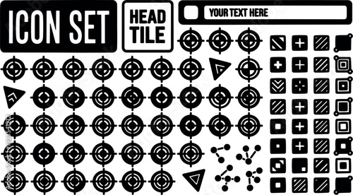 Flat design icon set grid of circular crosshair targets and ui controls close up vector sheet in black minimal symbols