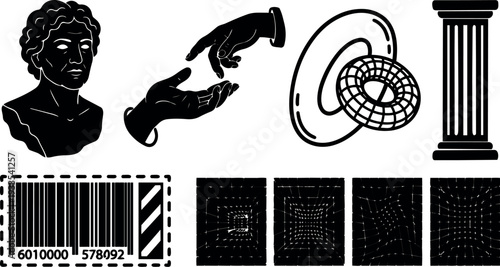 Silhouette vector icon set showing classical bust and reaching hands with torus knot barcode and column in flat design contrast