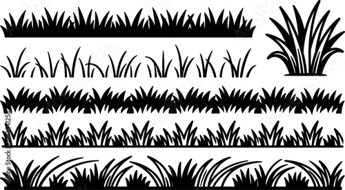 Flat design silhouette rows of grass borders and clumps vector set close up top view clean black shapes minimalist icons