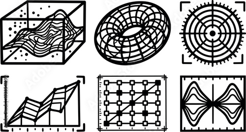 Line art technical icon set of surface plot torus mesh radar grid matrix chart and waveform visualization in black style