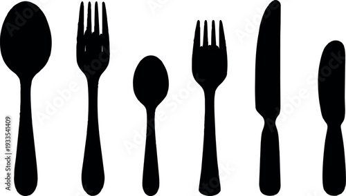 Minimalist silhouette vector cutlery set spoon fork knife butter knife teaspoon arranged in a row side view flat clean graphic