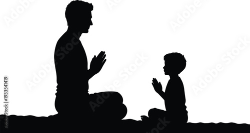 Father and Son Praying Silhouette, Family Prayer and Spiritual Bond Vector Illustration, Religious Faith Concept for Parenting, Worship, Christianity and Inspirational Design