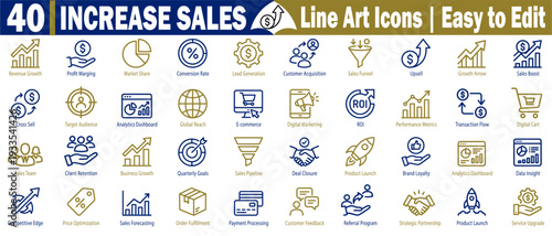 Collection of forty increased sales line art icons. Collection of commercial growth profit margin improvement, market share analysis, conversion rate optimization, lead generation vector illustration.