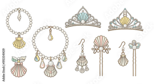 A charming collection of eight mermaid-inspired accessories, featuring two tiaras, a necklace, an anklet, earrings, and hairpins, adorned with pastel shells and pearls.