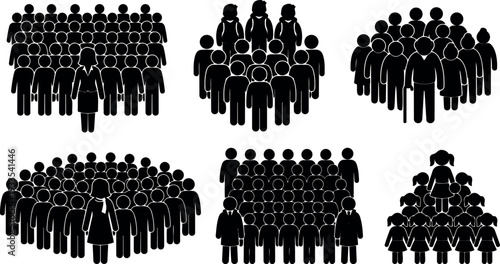Flat design close up group of people icons in multiple formations with leader figures front facing and varied ages silhouettes