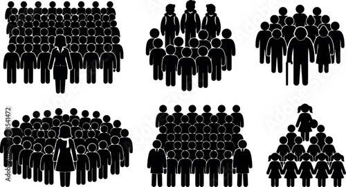 Flat design close up of female leader standing before diverse crowd of silhouetted people in group arrangements and varied sizes