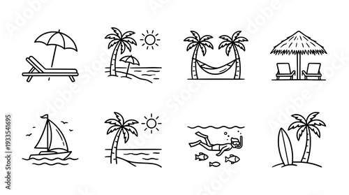 Summer Beach Vacation Activities Line Icons