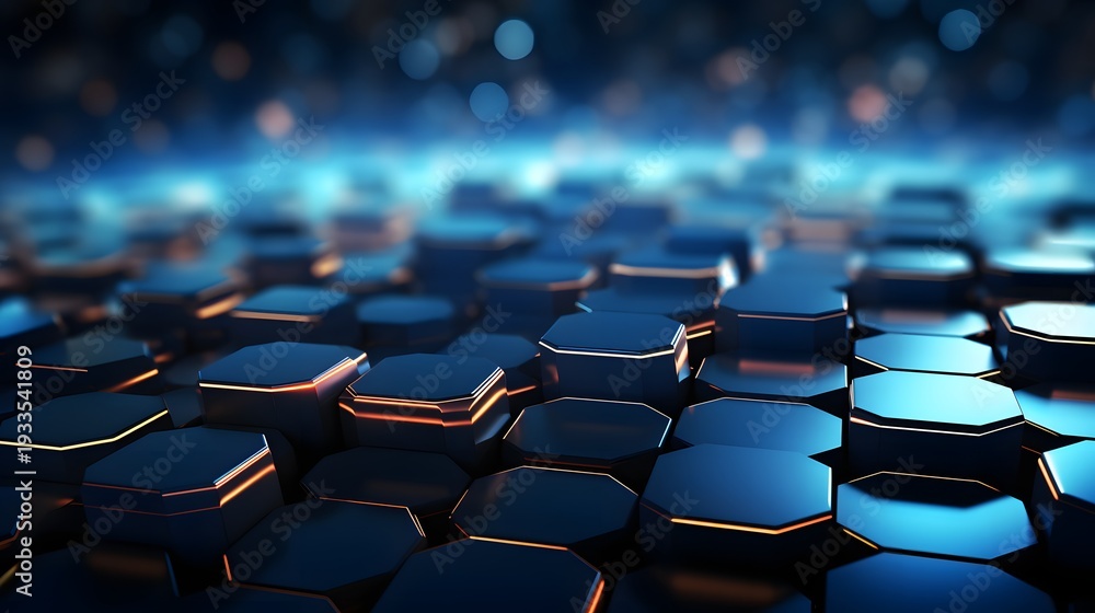 Obraz premium A futuristic digital landscape with a grid of shiny metallic hexagons in shades of blue and black, illuminated by neon lights.