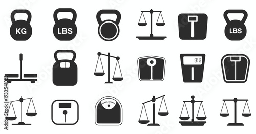 weighing scale and weight icons with kilogram and pound symbols, fitness gym equipment dumbbells and balance dials, freight measurement and laboratory tools vector silhouette set isolated on white bac