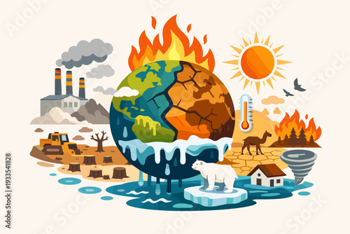 Climate Change and Global Warming Concept Illustration featuring Melting Ice Caps, Polar Bear, Wildfires, Deforestation, Factory Pollution, and Extreme Weather Events on a Burning Earth Planet.