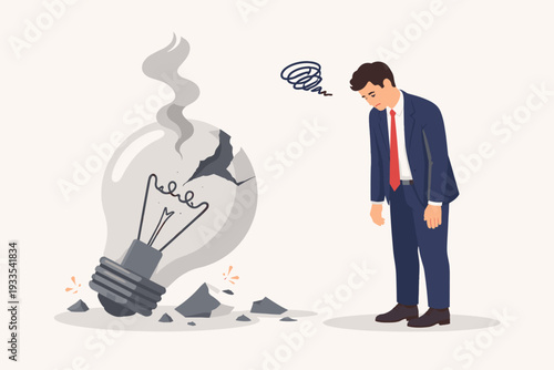Sad businessman standing next to a broken and smoking lightbulb, representing a bad idea, business failure, creative block, mistake, or professional disappointment in a vector illustration.