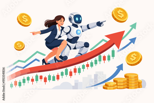 AI-driven financial growth concept with a businesswoman and robot riding a rising arrow over stock market charts and gold coins, representing automated investment and successful trading.