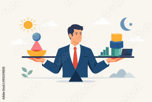 Businessman in a suit balancing work and life concept illustration with geometric shapes on a scale representing professional career and personal time under sun and moon symbols.