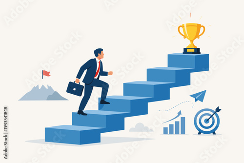 Ambitious businessman in a suit climbing blue stairs towards a golden trophy cup, symbolizing career growth, achievement, and success. Background features goal targets, charts, and mountains.