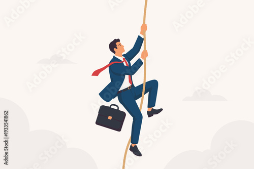 Ambitious businessman in a suit climbing up a rope with a briefcase, symbolizing determination, effort, strength, and challenge in career growth, success, and overcoming obstacles. Flat vector.