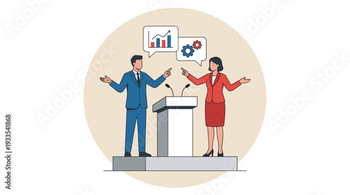 Businessman and Businesswoman Standing on Podium Having a Debate on Business Matters and Corporate Strategy with Speech Bubbles Showing Growth Charts and Mechanical Gears Flat Vector Illustration