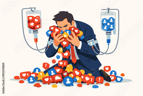 Businessman Addicted to Social Media Notifications and Likes with IV Drip Illustration. Conceptual Art Representing Digital Dependency, Online Validation Obsession, and Mental Health Struggles.