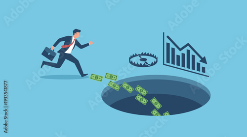 Businessman Running Towards Money Bait Leading into a Deep Pit Hole with Bear Trap and Declining Financial Graph, Concept of Business Risk, Financial Crisis, Bankruptcy and Economic Failure.