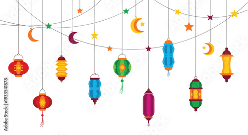 A vibrant collection of eleven colorful Ramadan lanterns, crescent moons, and stars, intricately suspended from strings, forming a festive border on a white background.