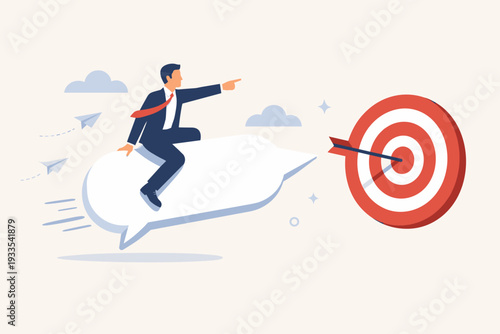 Successful Businessman Riding Speech Bubble Pointing Towards Bullseye Target, Effective Communication Strategy for Business Success, Leadership Vision and Goal Achievement Concept, Marketing Message