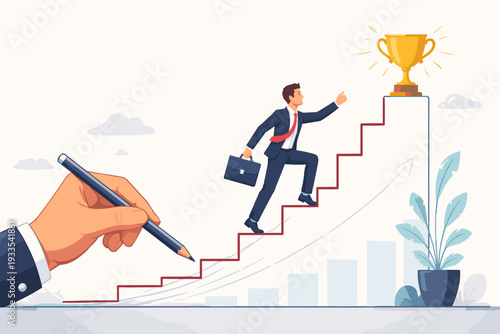 Businessman in a suit climbing stairs drawn by a giant hand to reach a golden trophy cup. Concept of career growth, mentorship, professional support, goal achievement, and business success.