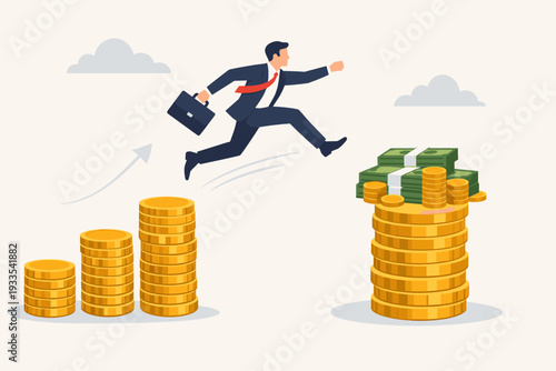 Ambitious businessman jumping from a stack of gold coins to a larger pile of money and cash bundles, symbolizing financial growth, career success, investment opportunity, and wealth creation.