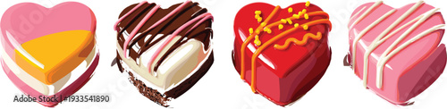 Heart-shaped desserts with colorful icing and chocolate decoration, romantic sweet treats for Valentine’s Day celebration, festive confectionery illustration showcasing love and creativity