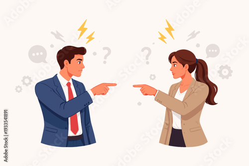 Businessman and businesswoman in professional suits pointing fingers at each other in a heated argument, representing workplace conflict, disagreement, and confrontation in a vector illustration.