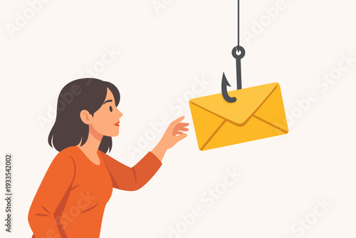 Cyber Security Concept of Phishing Scam with a Woman Reaching for a Yellow Envelope Hooked on a Fishing Line as Bait for Suspicious Email, Data Theft, Fraud, and Online Cybercrime Attack.