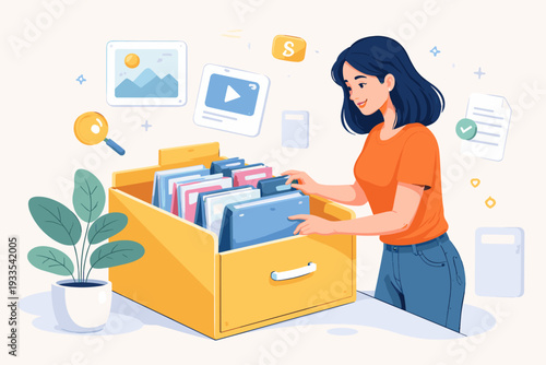 Woman searching for documents and media files in a catalog folder drawer, concept of digital asset management, data organization, efficient office workflow, and tidying up workspace vector.