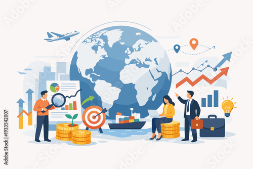 Global economic investment and international business opportunity concept with people analyzing financial data, world trade logistics, market growth charts, and global connectivity illustration.