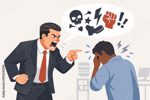 Aggressive Boss Shouting at Employee with Speech Bubble of Hate Symbols, Racism and Workplace Harassment Concept, Toxic Work Environment, Angry Businessman Bullying Subordinate, Racial Abuse