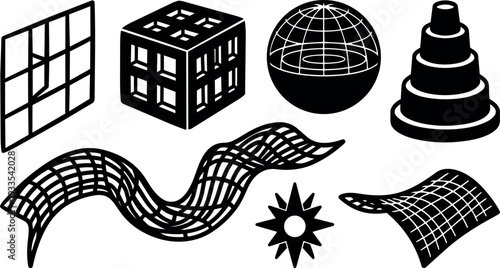 Line art geometric vector icons set showing wire grid cube sphere layered cone and warped surfaces in black silhouette style