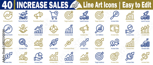 Increase sales line art icons for revenue growth, partnership deals, promotional boost, cart addition, target audience reach, and business scale vector illustration.