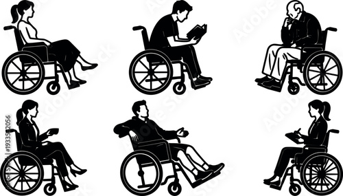 Minimalist vector icons set of six wheelchair users in various poses reading writing conversing and relaxing in side view silhouette